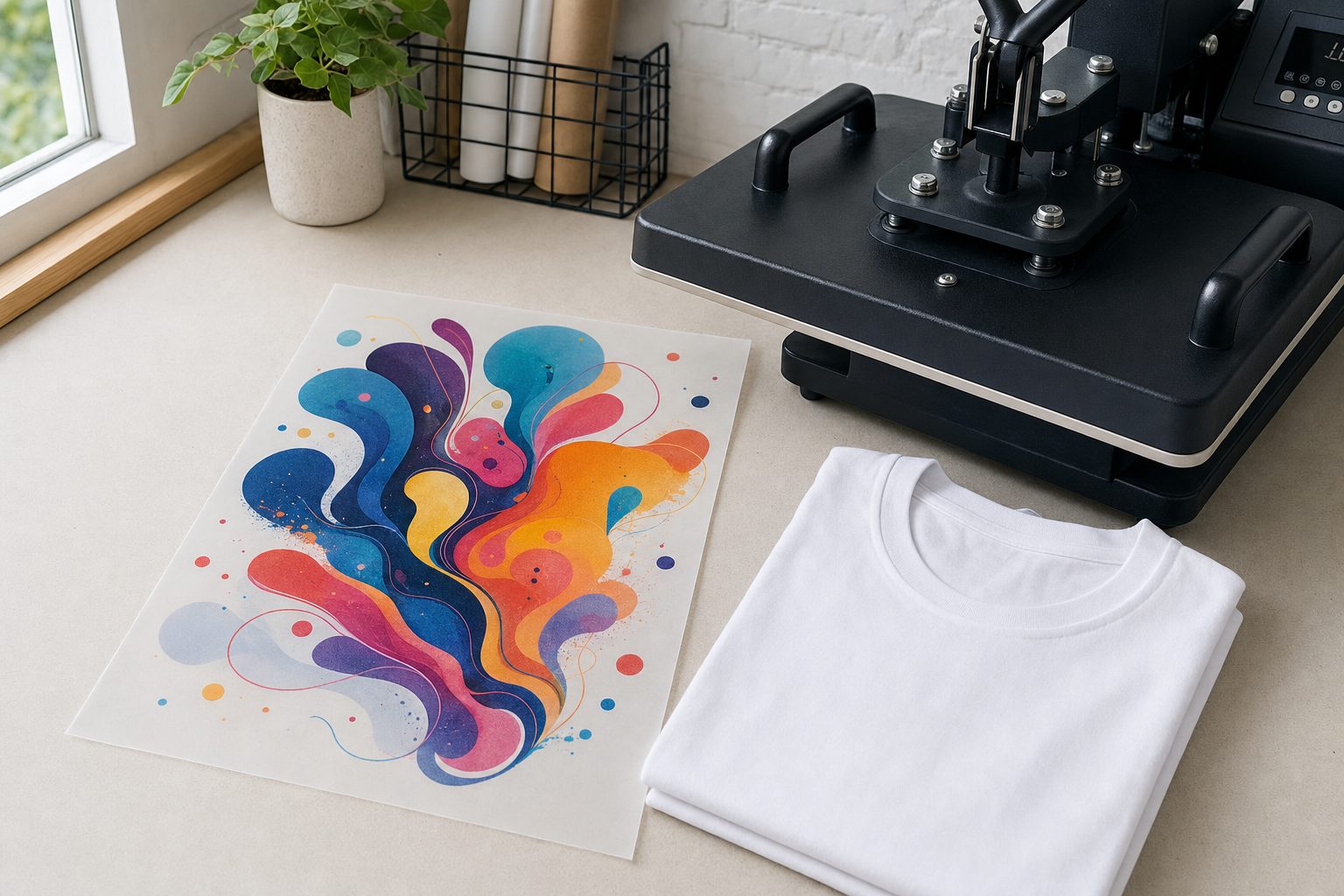 A full-color DTF print on a white t-shirt beside a heat press